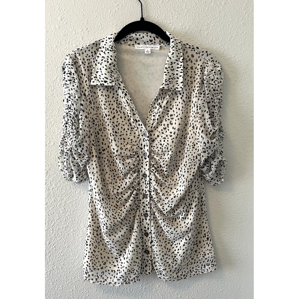 Jane & Delancey Blouse Womens Sm Cream Black Dot Button Up Ruched Sleeve Chic